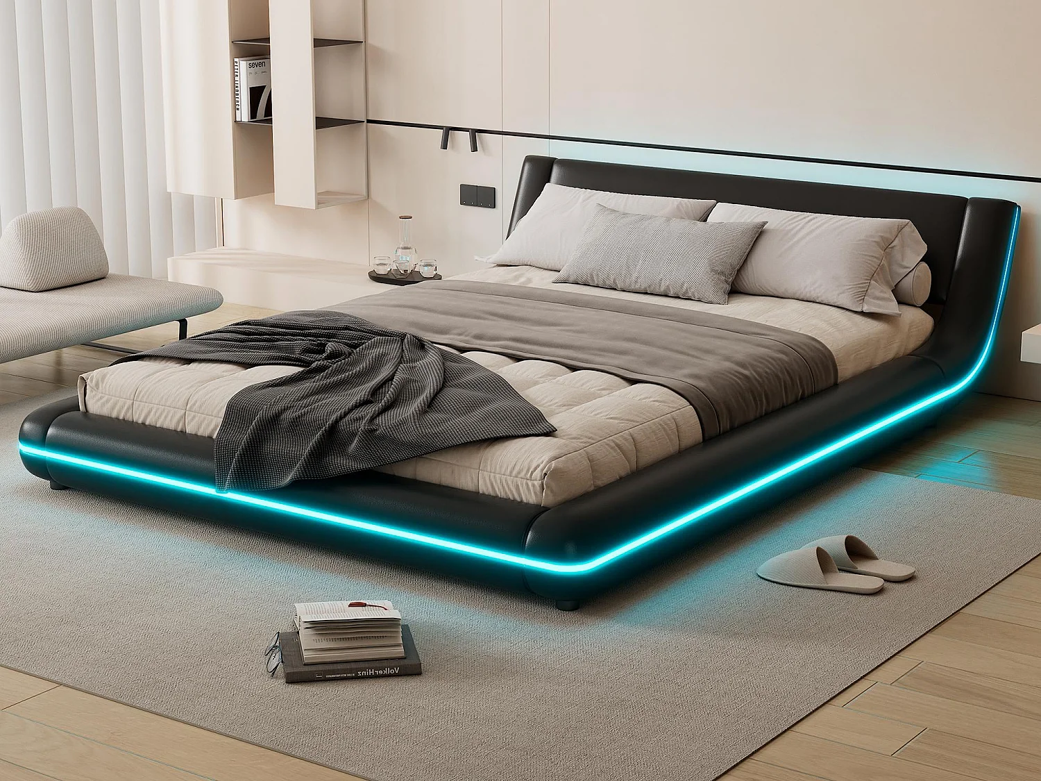 Łóżko dwuosobowe 140x200cm z LED - z PU skóry - Czarne 3427404 - obrazek 1