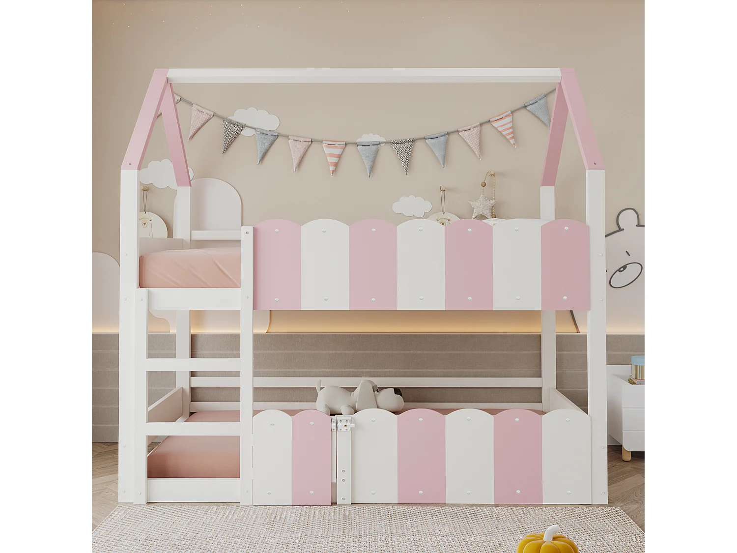 Łóżko piętrowe dla dzieci - 2 x 90 x 200 cm - wzór domku z barierkami - drewno - róż + biel 4730716 - obrazek 1