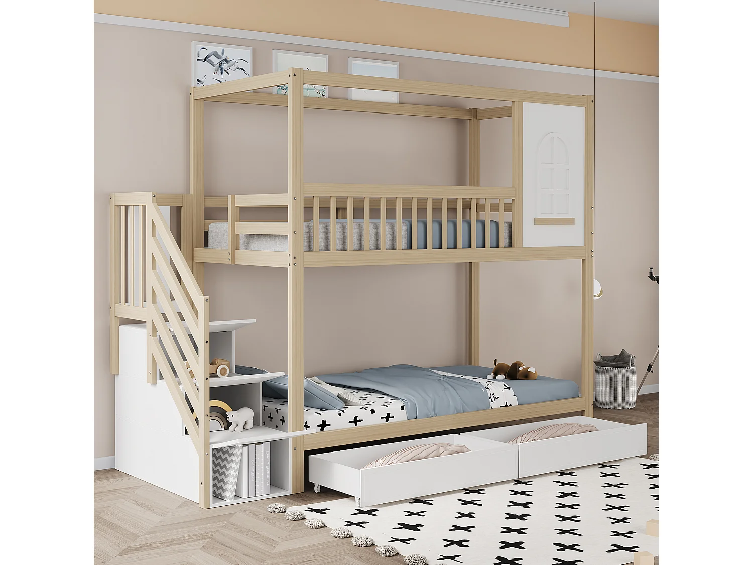 Łóżko piętrowe 2 x 90 x 200 cm z 2 szufladami + półki + schodki – drewno lite – kolor naturalny + biały 4730715