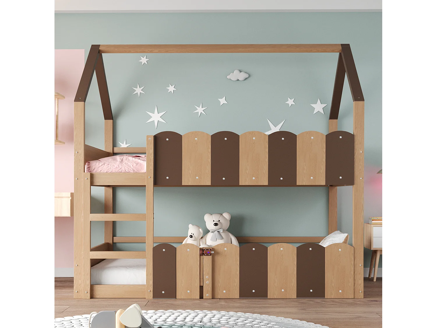 Łóżko piętrowe dla dzieci - 2 x 90 x 200 cm - projekt domowy z barierkami zabezpieczającymi - drewno - naturalne 4730718 - obrazek 1