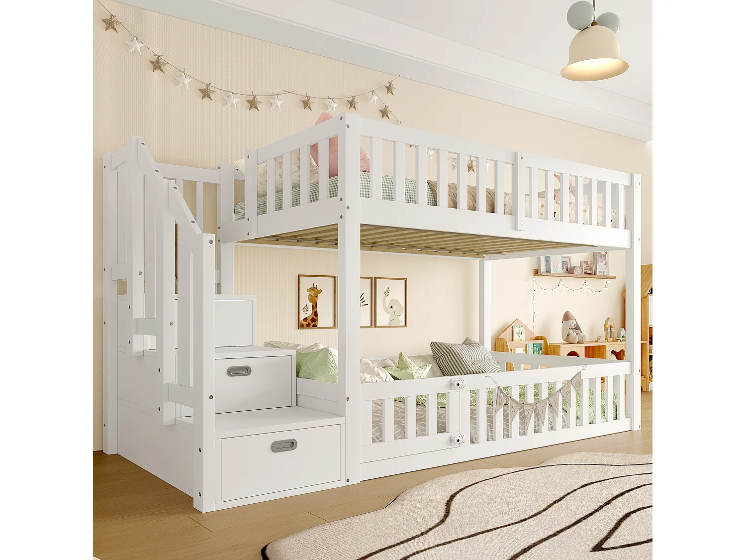 Łóżko piętrowe dla dzieci - 2 x 90 x 200 cm - drabinka z miejscem do przechowywania - płyta MDF + drewno - białe 4730720 - obrazek 1