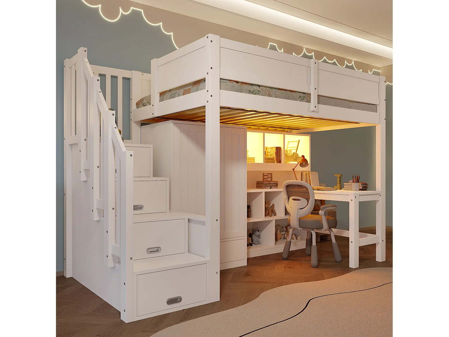 Łóżko piętrowe dla dzieci - 90 x 200 cm - z biurkiem + półką + szafą + schodkami do przechowywania + diodami LED - MDF + drewno - białe 4730721 - obrazek 1