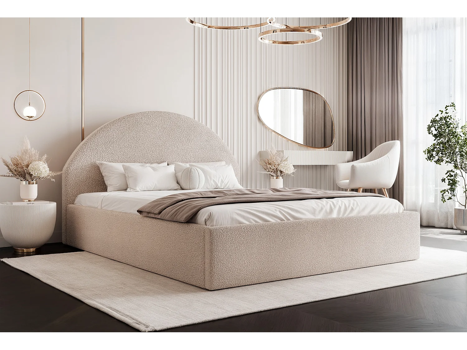 BESILIO Łóżko tapicerowane Boucle 140x200 Velora - stelaż listwowy, wezgłowie, pojemnik, łóżko slim - Beżowy 4735244 - obrazek 1