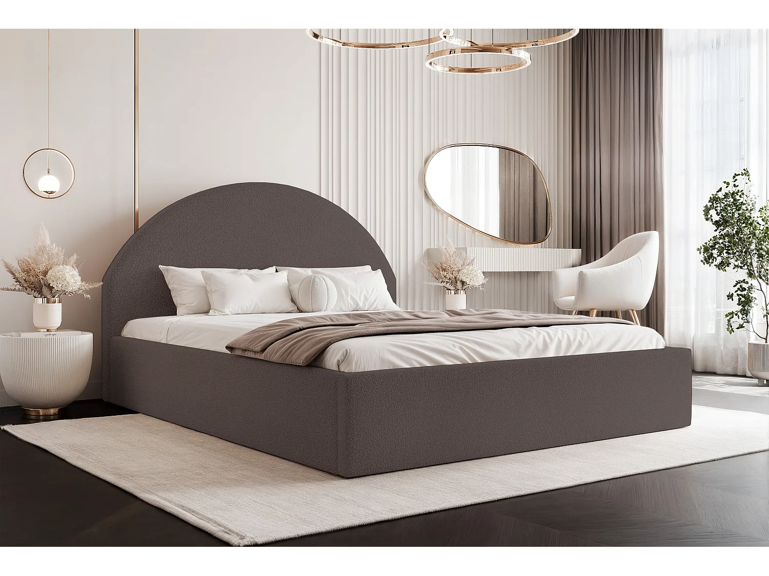 BESILIO Łóżko tapicerowane Boucle 160x200 Velora- stelaż listwowy, wezgłowie, pojemnik, łóżko slim - Brązowy 4735252 - obrazek 1