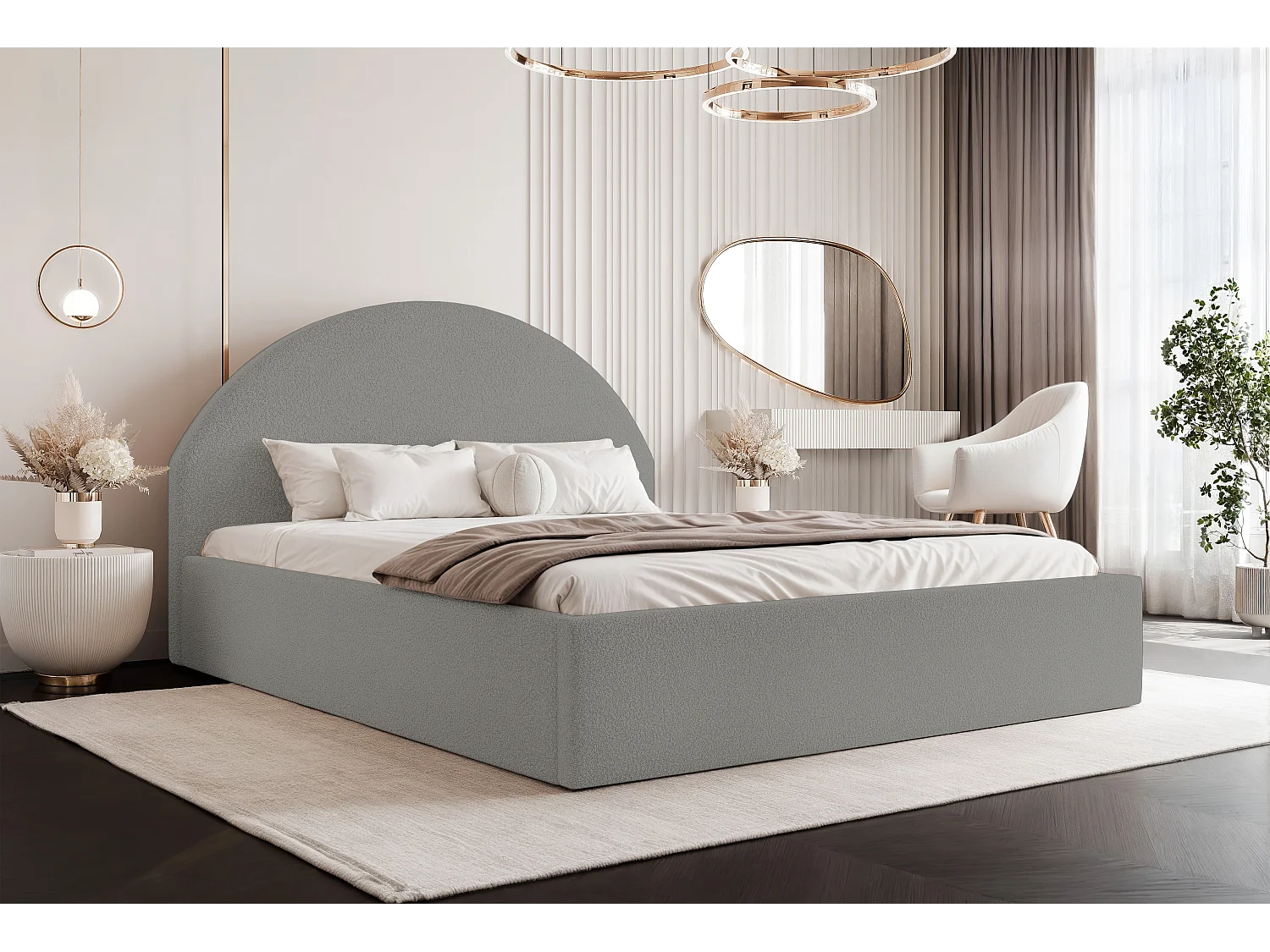 BESILIO Łóżko tapicerowane Boucle 180x200 Velora - stelaż listwowy, wezgłowie, pojemnik, łóżko slim - Jasnoszary 4735263 - obrazek 1