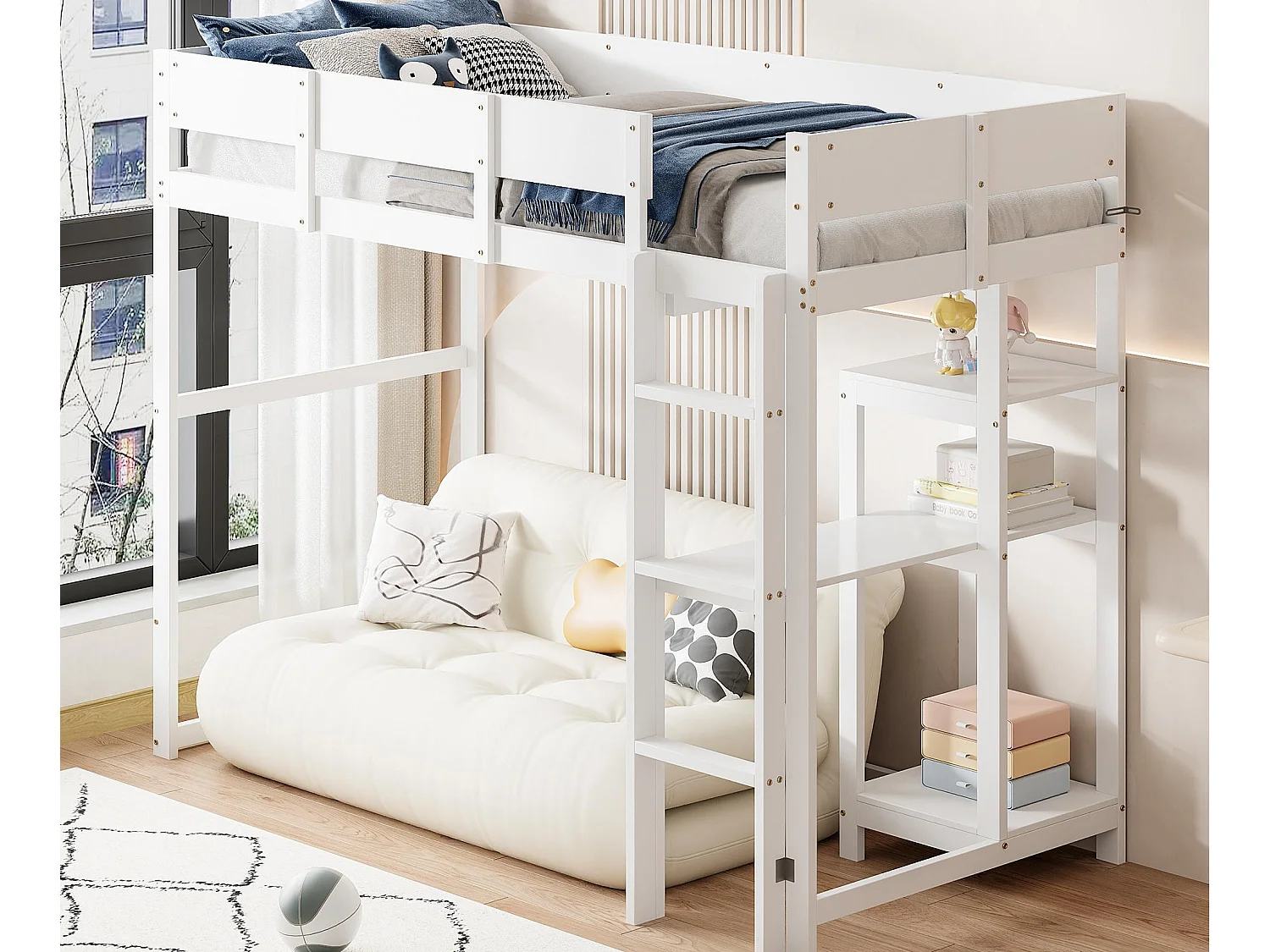 Łóżko mezzanine 90x200cm z drewna - z półkami i stelażem na listwy - Białe 3429653 - obrazek 1