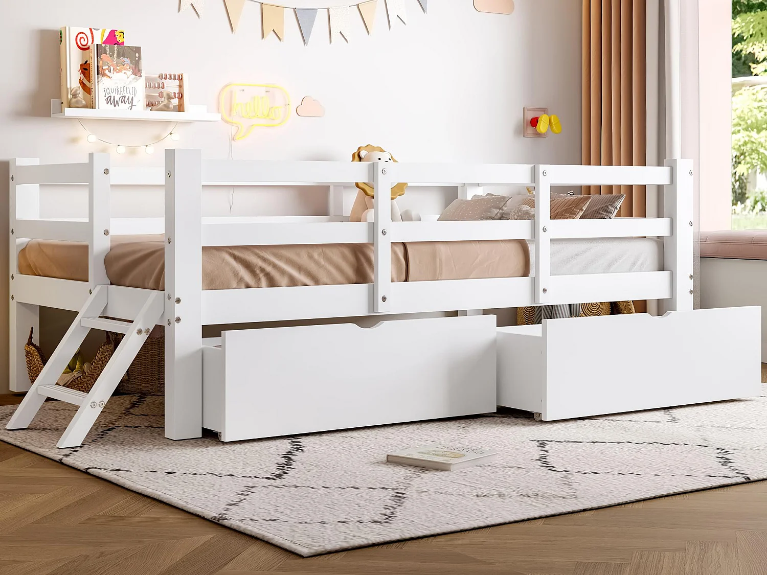 Łóżko dziecięce z drewna 90x200 cm - z barierkami zabezpieczającymi i 2 szufladami - MDF + sosna - Biały (materac nie jest wliczony w cenę) 4736243 - obrazek 1