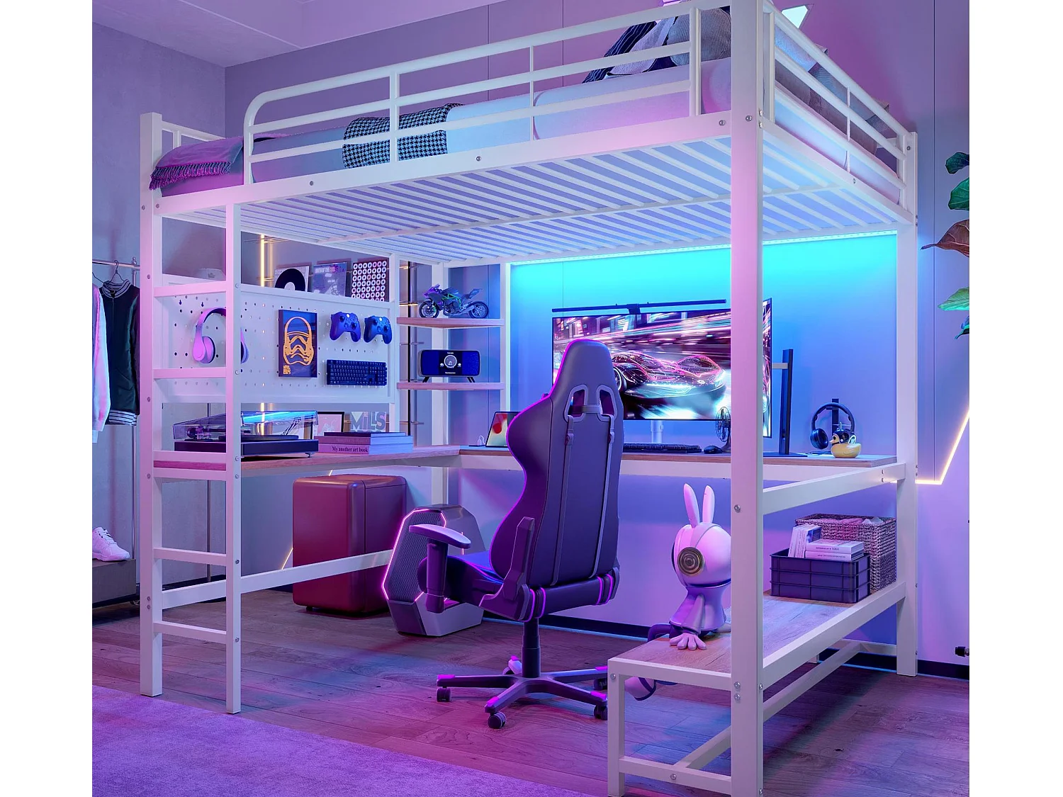 Łóżko na antresoli 140x200cm - z biurkiem + barierką - z portami USB + Typ-C - z listwą LED - biały 4736263 - obrazek 1