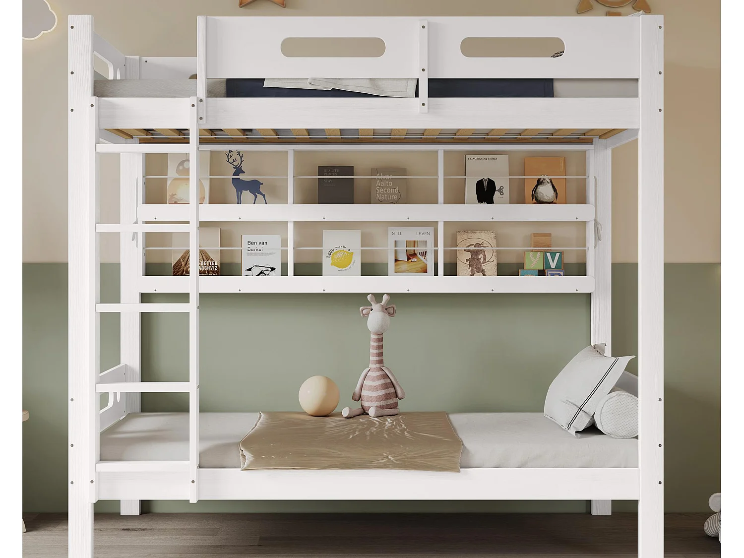 Łóżko piętrowe 90×200 cm – z otwartymi półkami – Drewno lite + MDF – Biały (bez materaca) 4736264