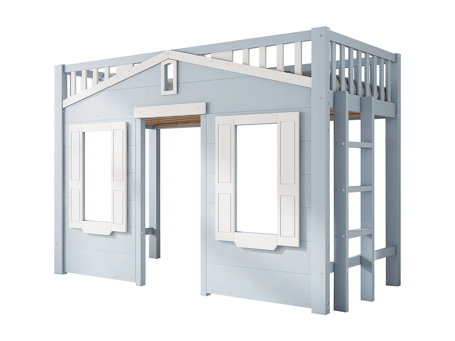 Łóżko mezzanine 90x200cm - z drabiną - Elegancki projekt okna - drewno lite + MDF - Niebieski (bez materaca) 4538290 - obrazek 1