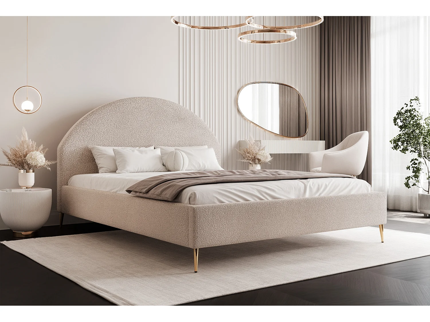 BESILIO Łóżko tapicerowane Boucle 140x200 Velora II - stelaż listwowy, wezgłowie, pojemnik, łóżko slim, wysokie złote nogi - Beżowy 4745177 - obrazek 1