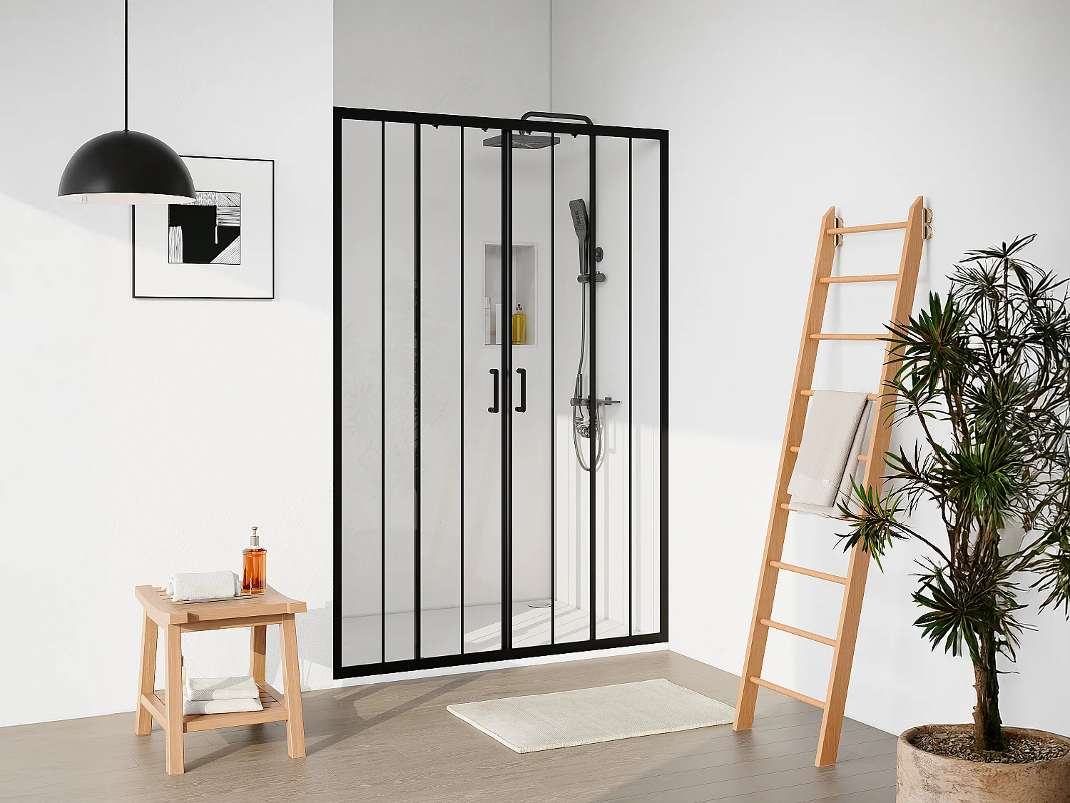 Podwójne przesuwne drzwi prysznicowe z matowego czarnego metalu – Szkło antyosadowe – 140 x 195 cm – BAVIODA 4075640