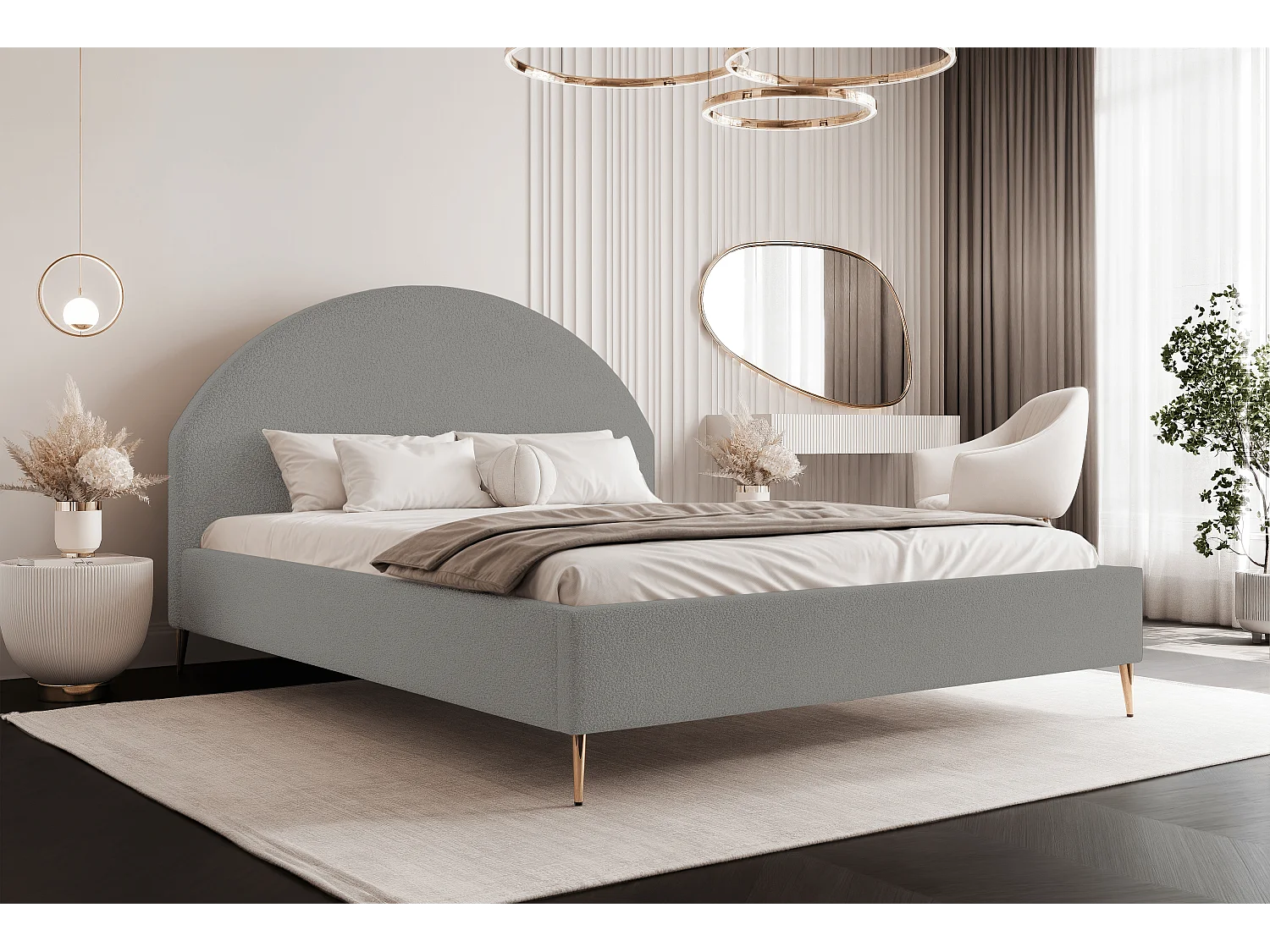 BESILIO Łóżko tapicerowane Boucle 180x200 Velora II - stelaż listwowy, wezgłowie, pojemnik, łóżko slim, wysokie złote nogi - Jasnoszary 4745163 - obrazek 1