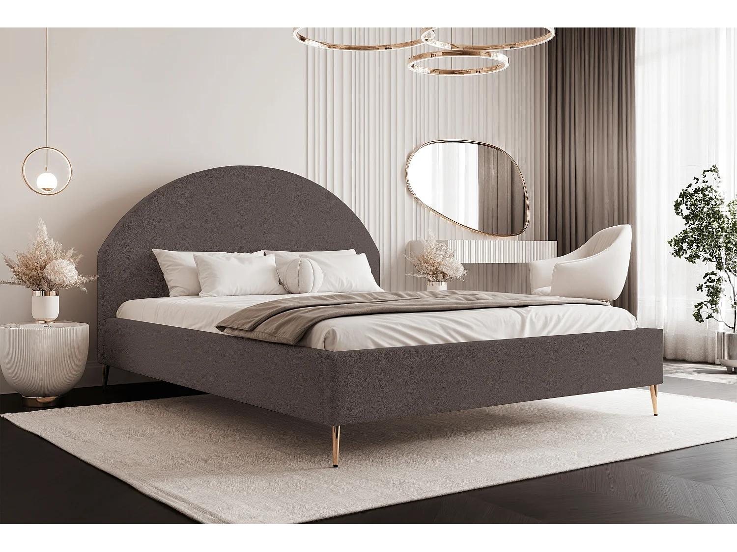 BESILIO Łóżko tapicerowane Boucle 180x200 Velora II - stelaż listwowy, wezgłowie, pojemnik, łóżko slim, wysokie złote nogi - Brązowy 4745159 - obrazek 1
