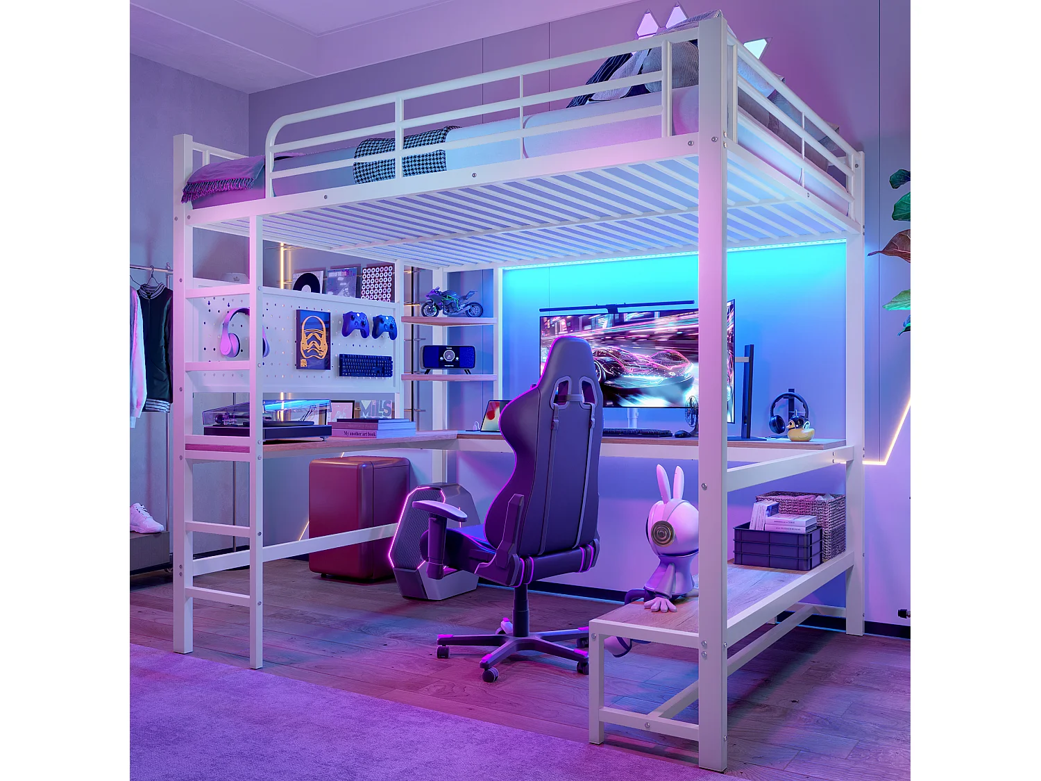 Łóżko piętrowe dla dzieci - 140 x 200 cm - rama żeliwna - z biurkiem + diody LED + USB + Type-C - metal + płyta MDF - białe 4755812 - obrazek 1