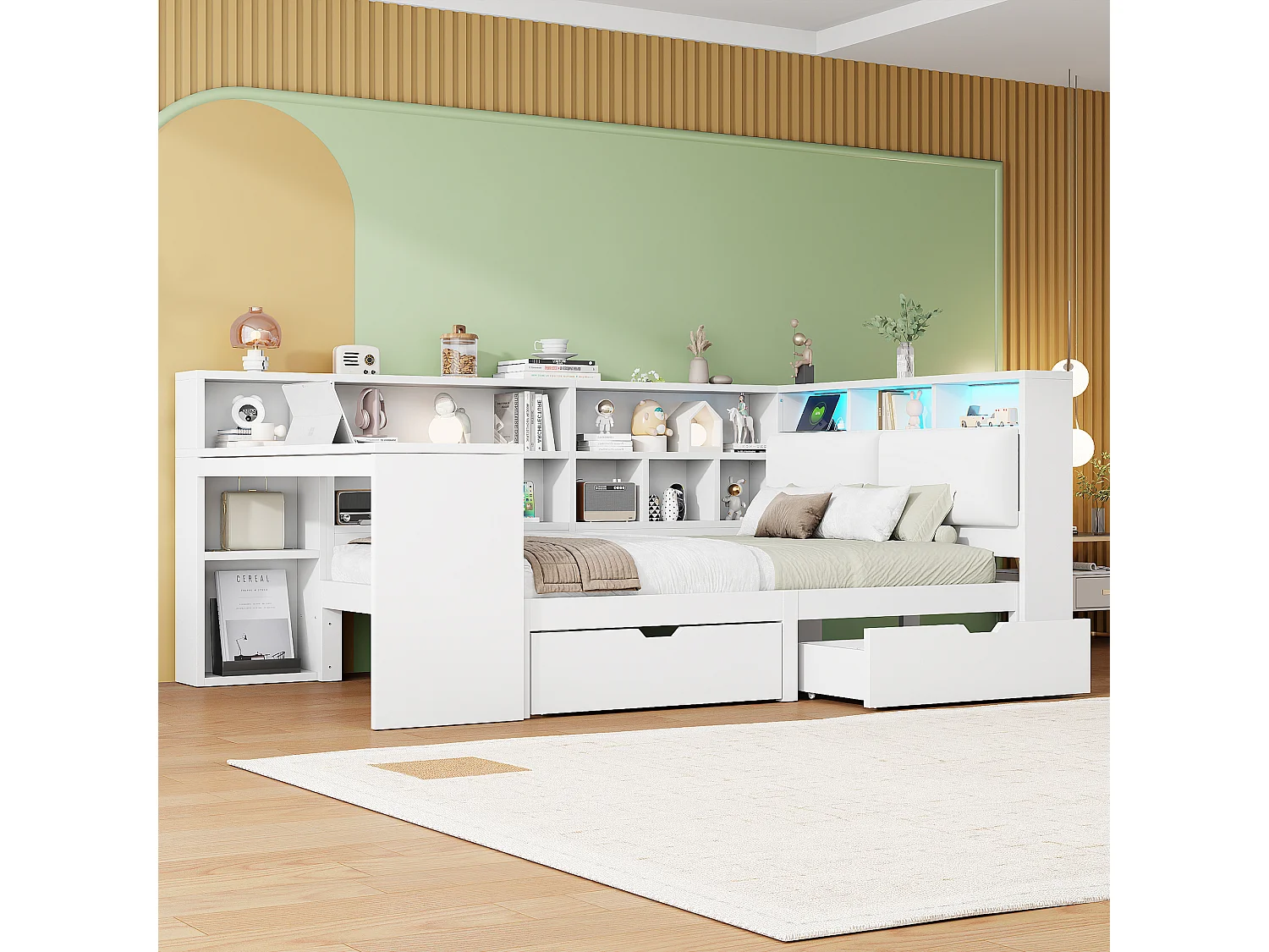 Antresola – podświetlana z biurkiem i biblioteką – 140 x 200 cm – z podświetlanym nadprożem + 2 szuflady + diody LED – MDF – biała 4762844