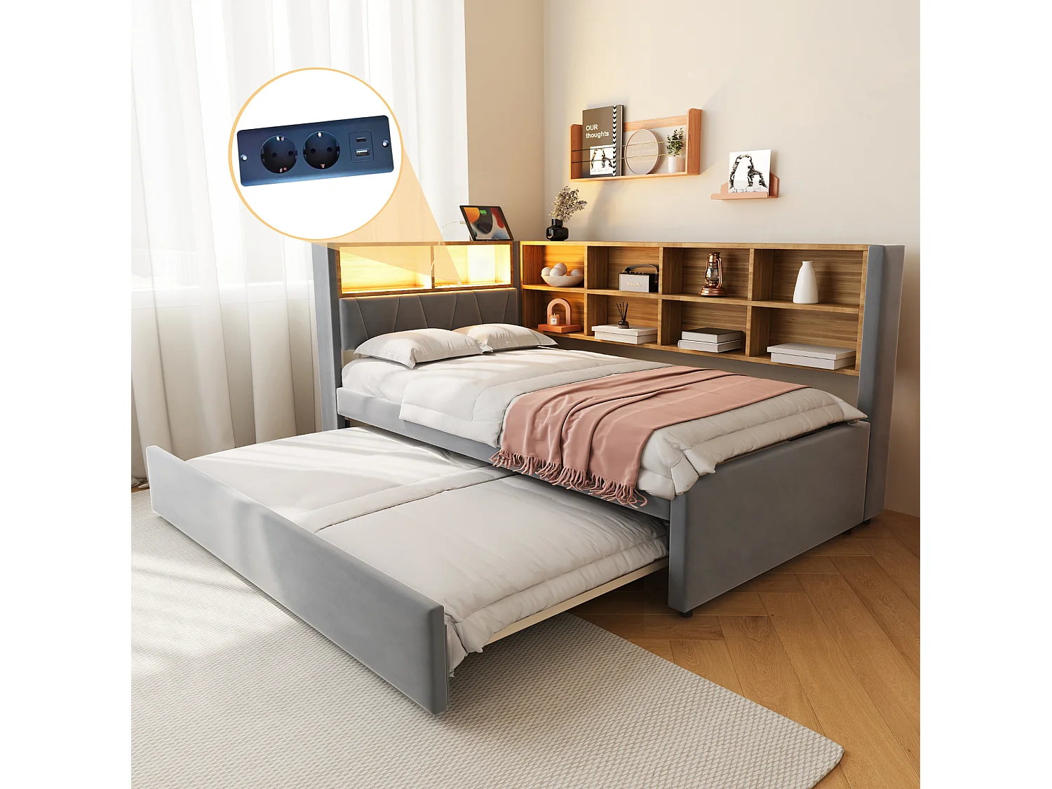 Łóżko dzienne 90 x 200 cm - łóżko wysuwane 90 x 190 cm z oświetleniem LED i dużą ilością miejsca do przechowywania - ciemnoszara flanela 4762909 - obrazek 1