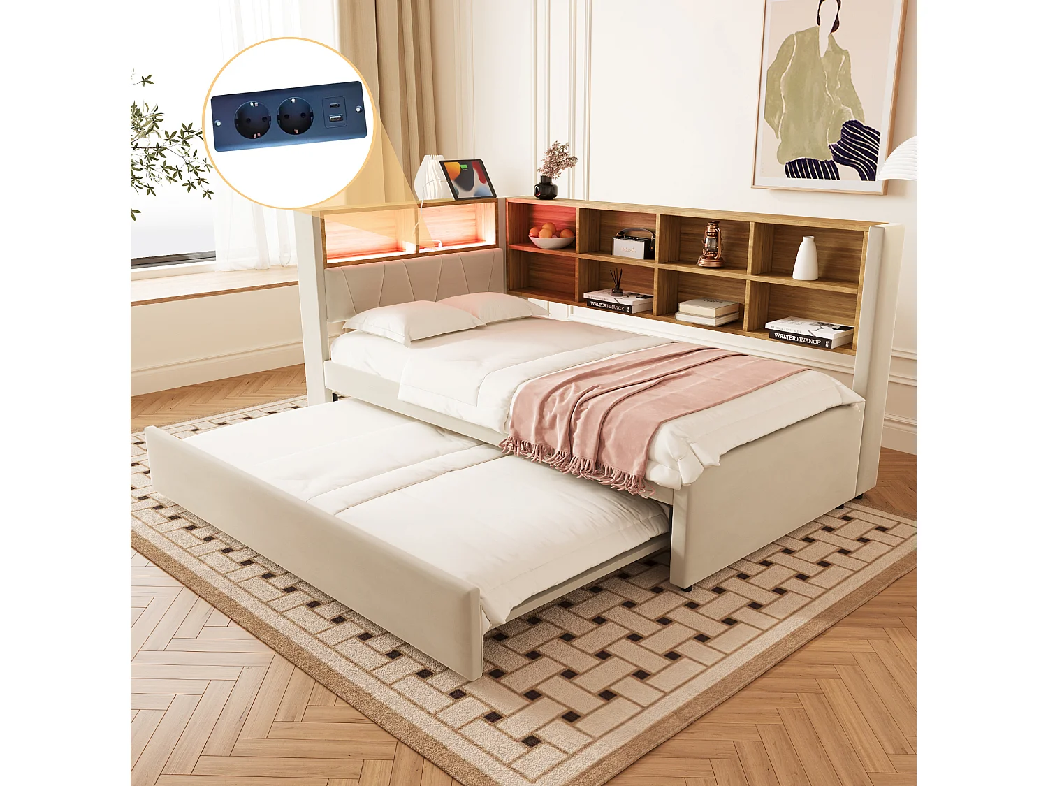 Łóżko dzienne 90 x 200 cm - Łóżko wysuwane 90 x 190 cm z oświetleniem LED i dużą ilością miejsca do przechowywania - beżowa flanela 4762917 - obrazek 1