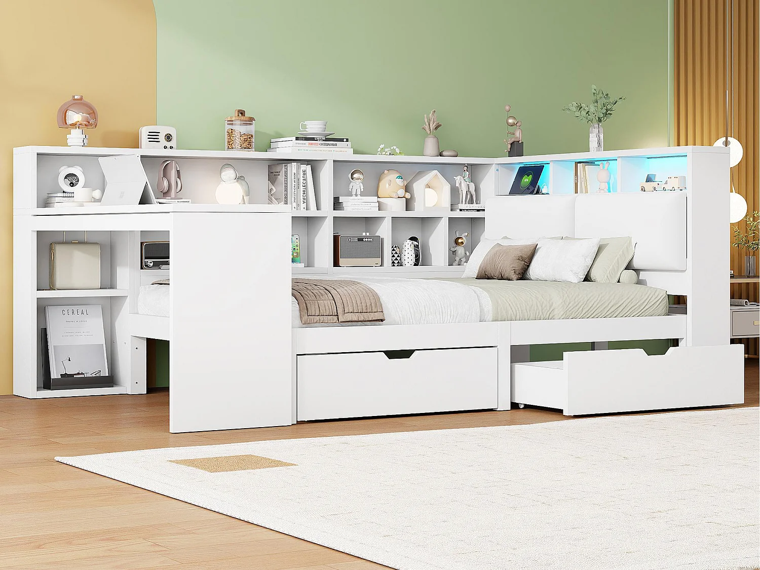 Łóżko dziecięce 140x200cm - z biurkiem i biblioteczką - z oświetleniem LED - z 2 szufladami - Pikowany zagłówek - Biały (bez materaca) 4771850 - obrazek 1
