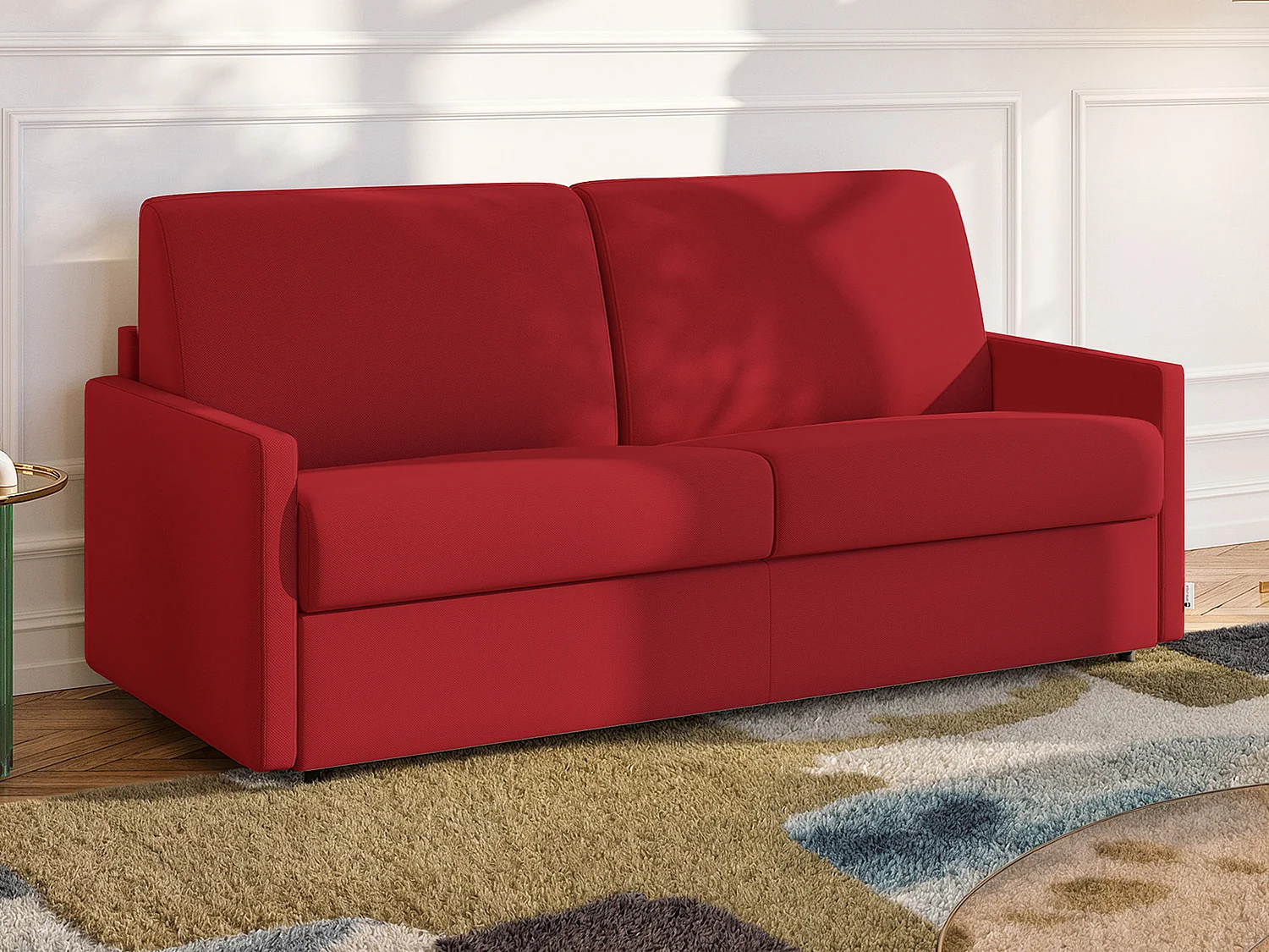 Kanapa 2-osobowa rozkładana typu express z tkaniny – Kolor: czerwony – Pow. spania: 120 cm – Materac 14 cm CALIFE 90859