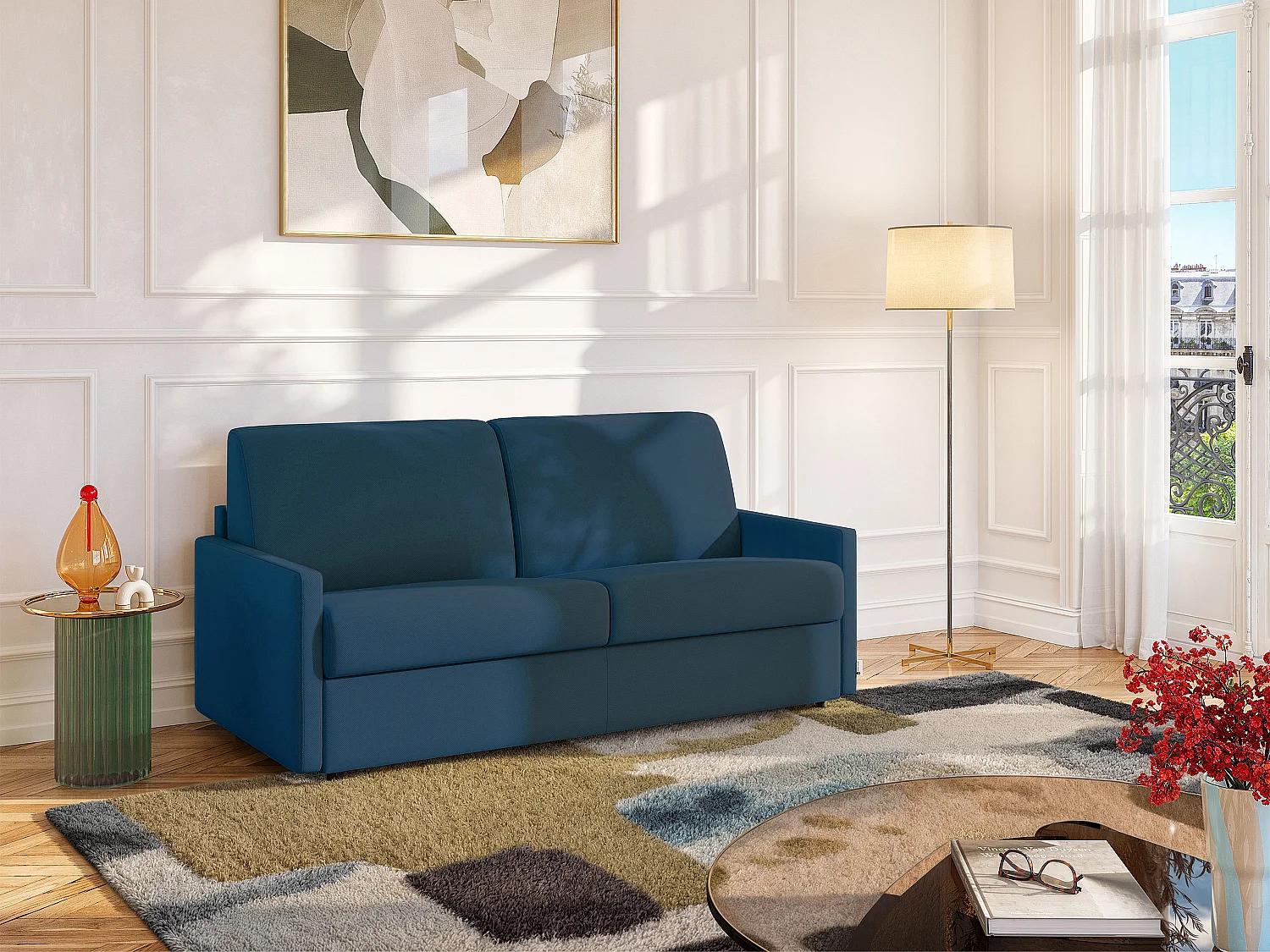 Kanapa 3-osobowa rozkładana typu express z tkaniny - Kolor: granatowy - Pow. spania: 140 cm - Materac 14 cm CALIFE 95985 - obrazek 1