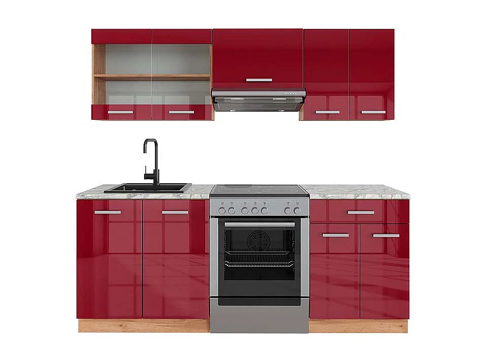 Aneks kuchenny czerwony wysoki połysk/złoty dąb 200x60x81.6 r-line 4780142 - obrazek 1