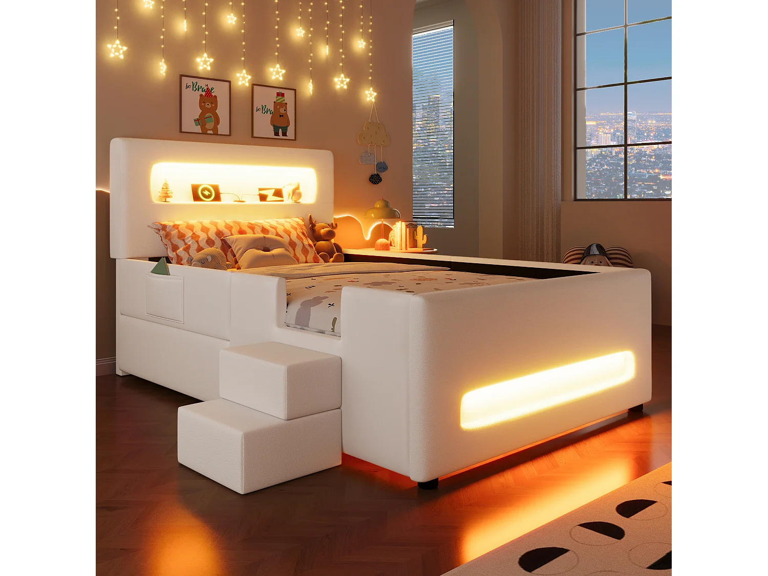 Łóżko dziecięce tapicerowane - 90 x 200 cm - ze schodkami + szufladami + zagłówkiem z diodami LED i schowkiem - MDF - białe 4785247 - obrazek 1