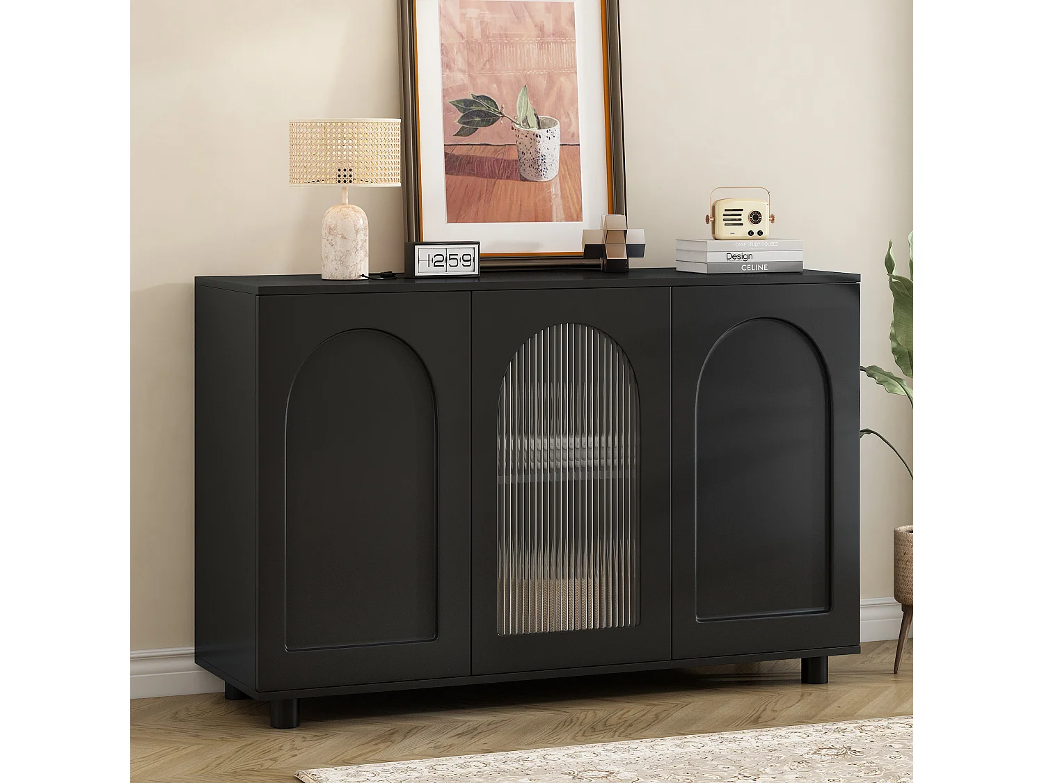 Elegancka i stonowana komoda w kształcie litery U – 120 x 40 x 78,5 cm – z drzwiami szklanymi – idealna do każdego pomieszczenia – MDF – czarna 4785290 - obrazek 1
