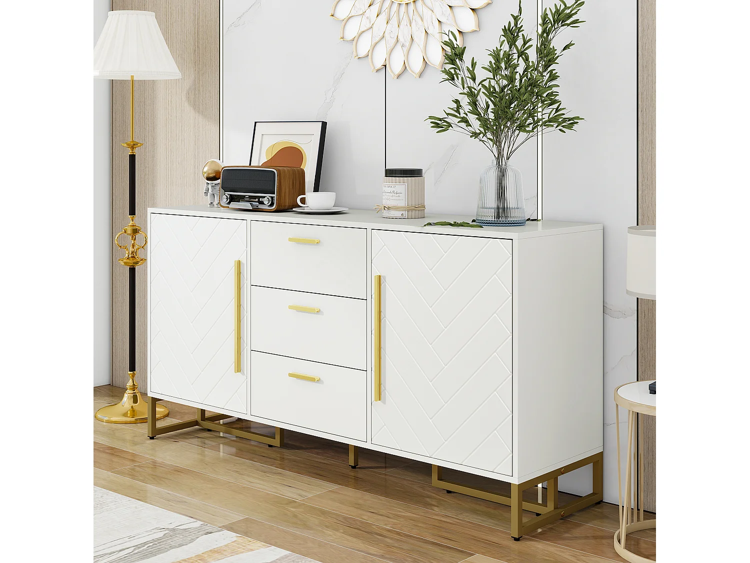 Elegancka komoda w jodełkę - 145 x 40 x 75 cm - z 2 drzwiami + 3 szufladami - MDF - biała 4785291 - obrazek 1