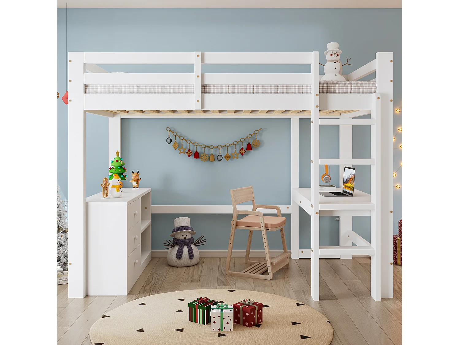 Łóżko piętrowe dla dzieci - 90 x 200 cm - z biurkiem + 3 szufladami i półką - sosna i MDF - białe 4785333 - obrazek 1