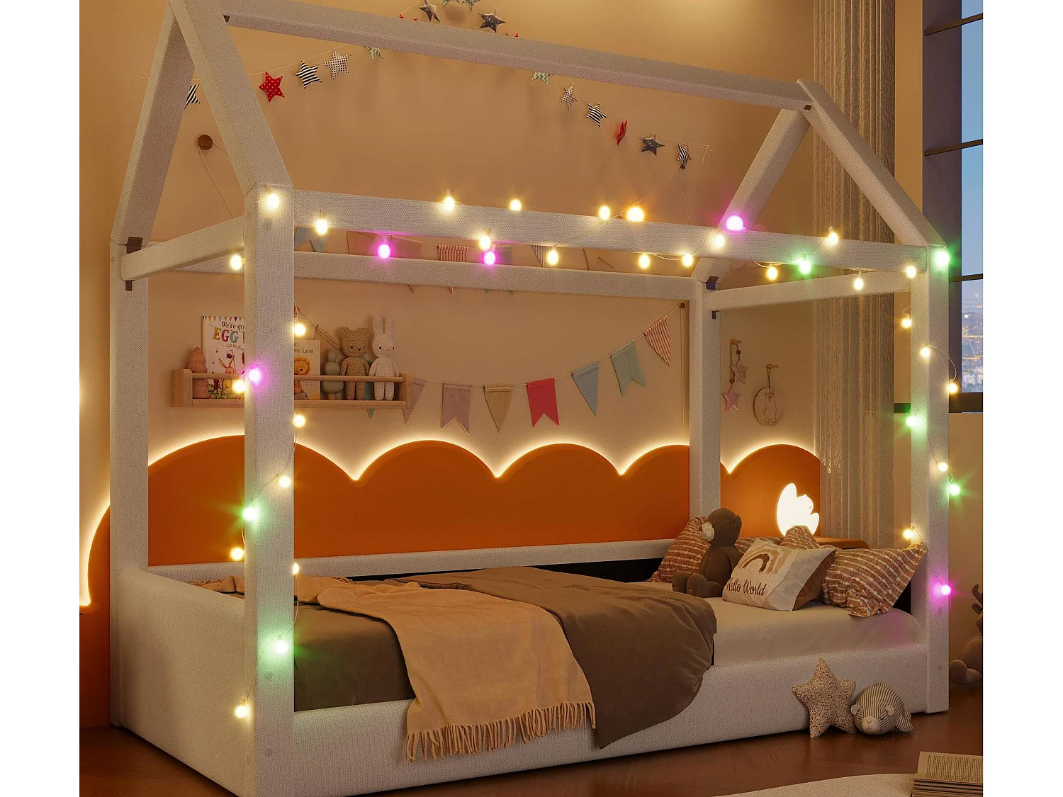 Łóżko domek 90x200cm – z listwą LED – Design dachu – MDF – Beżowy (materac nie jest wliczony w cenę) 4785364