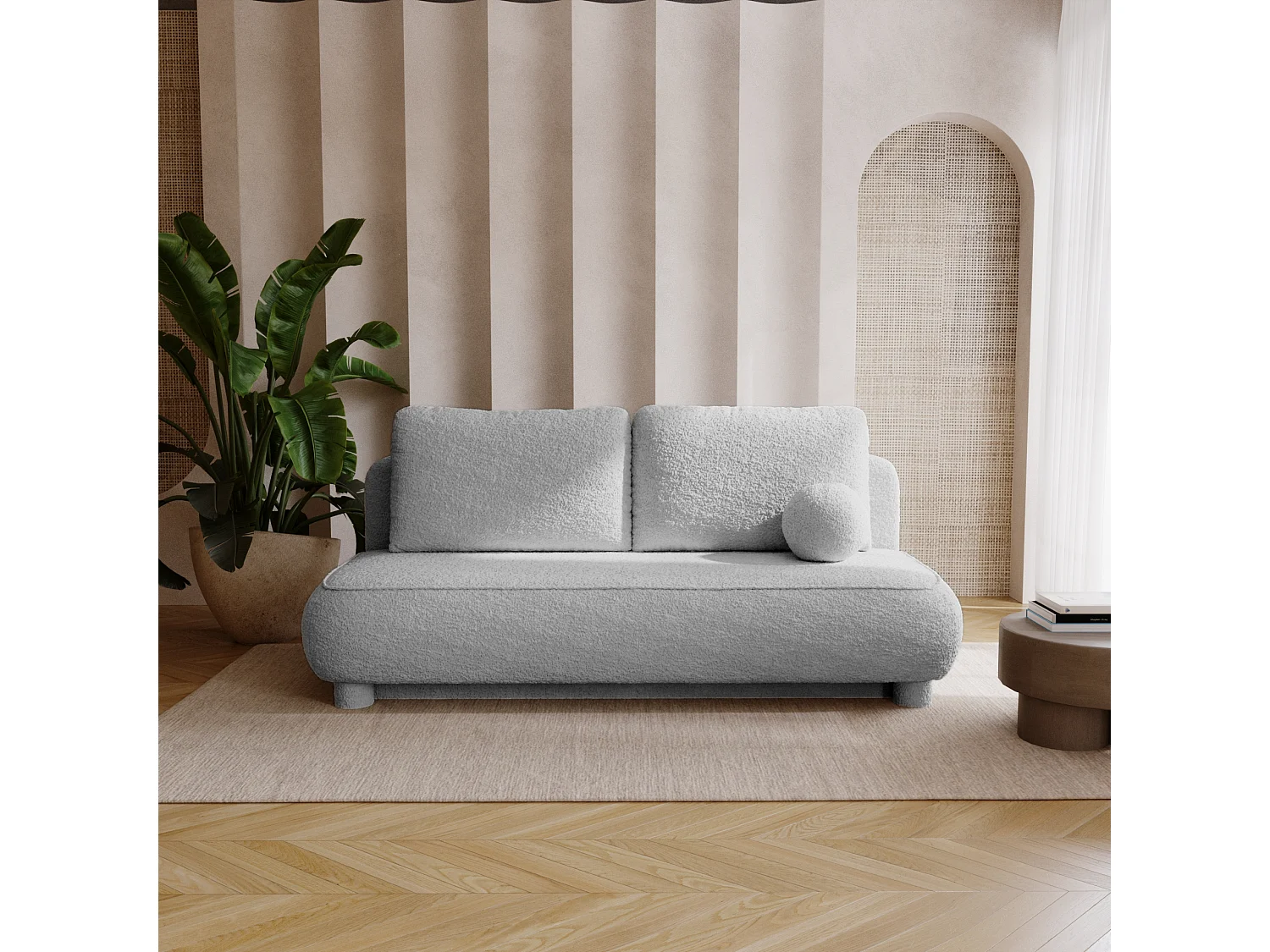 BESILIO Kanapa dwuosobowa Toby – tkanina boucle, sofa z funkcją spania- Jasnoszary 4786341