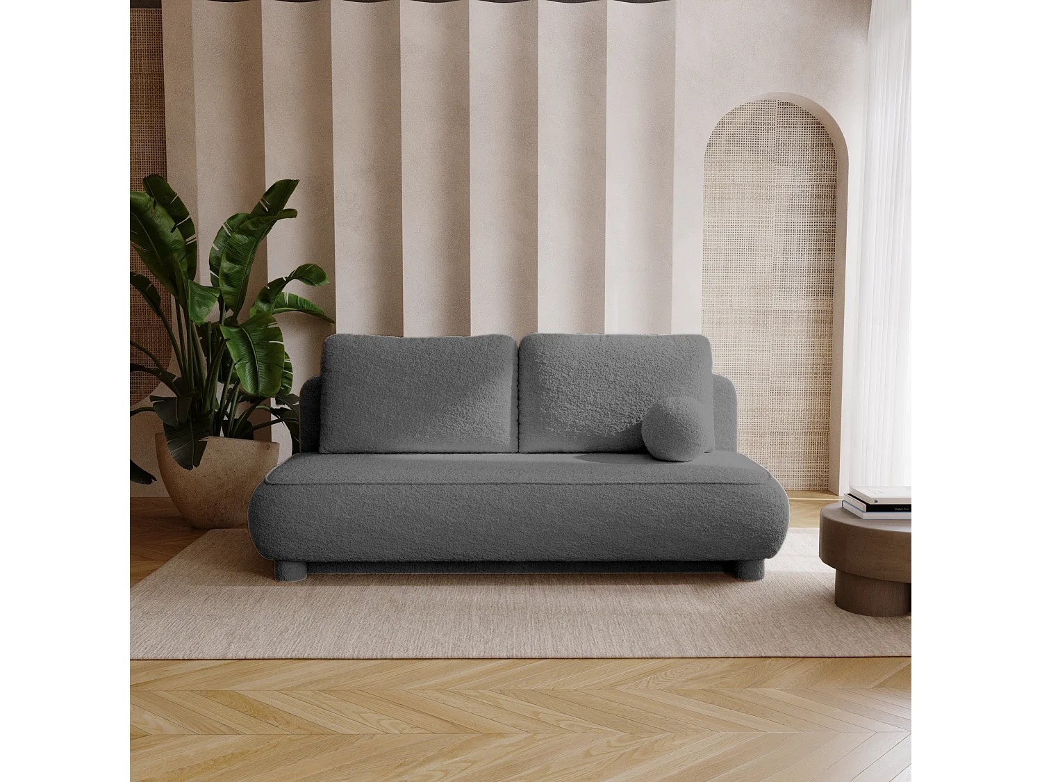 BESILIO Kanapa dwuosobowa Toby – tkanina boucle, sofa z funkcją spania- Szary 4786359