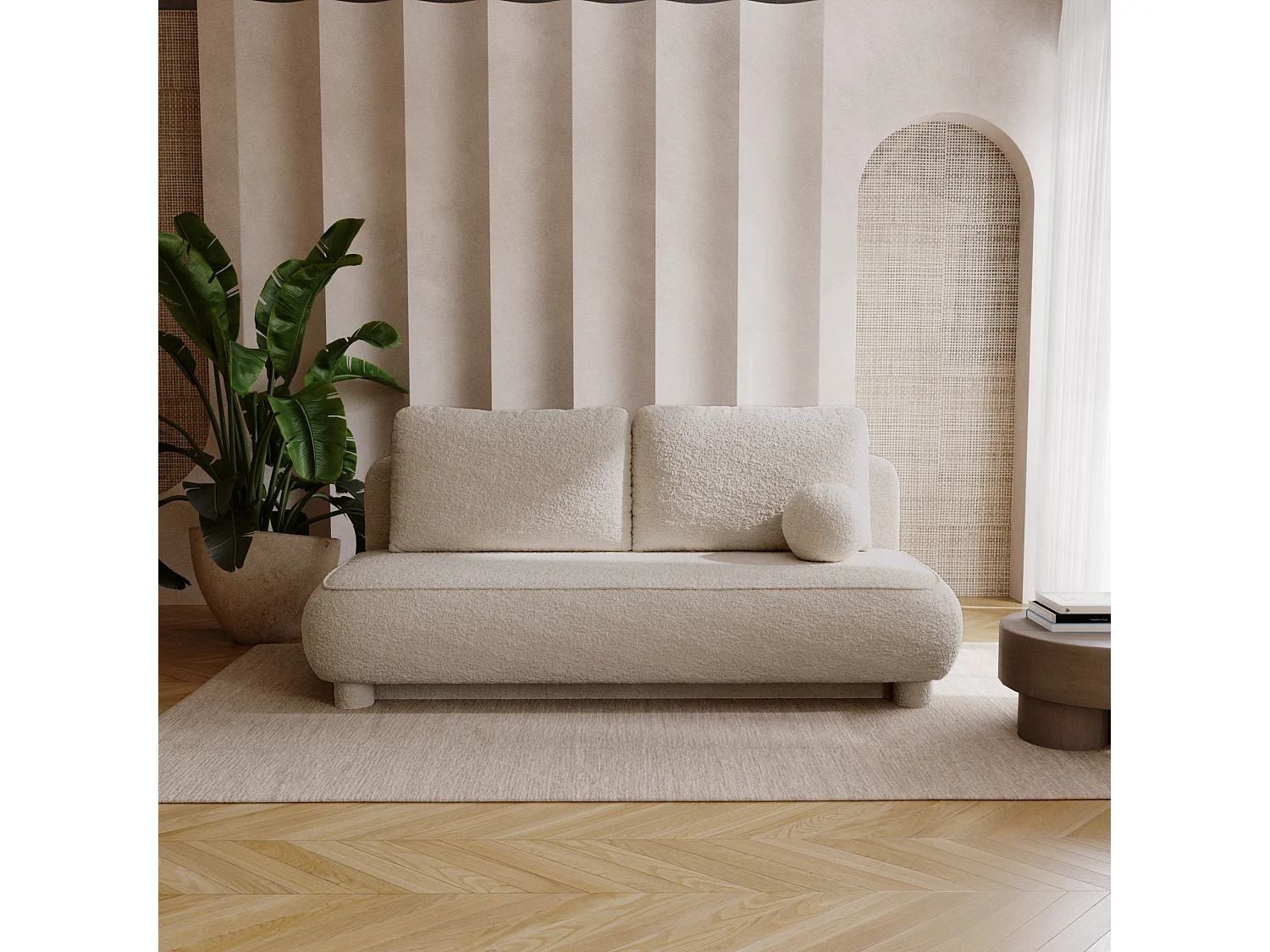 BESILIO Kanapa dwuosobowa Toby – tkanina boucle, sofa z funkcją spania- Beżowy 4786353