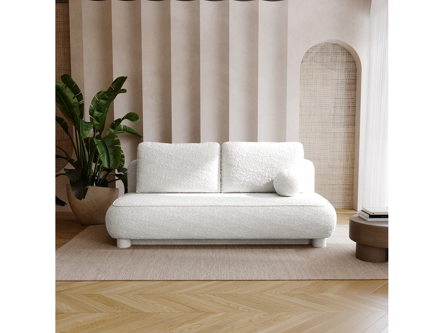 BESILIO Kanapa dwuosobowa Toby – tkanina boucle, sofa z funkcją spania- Biały 4786370