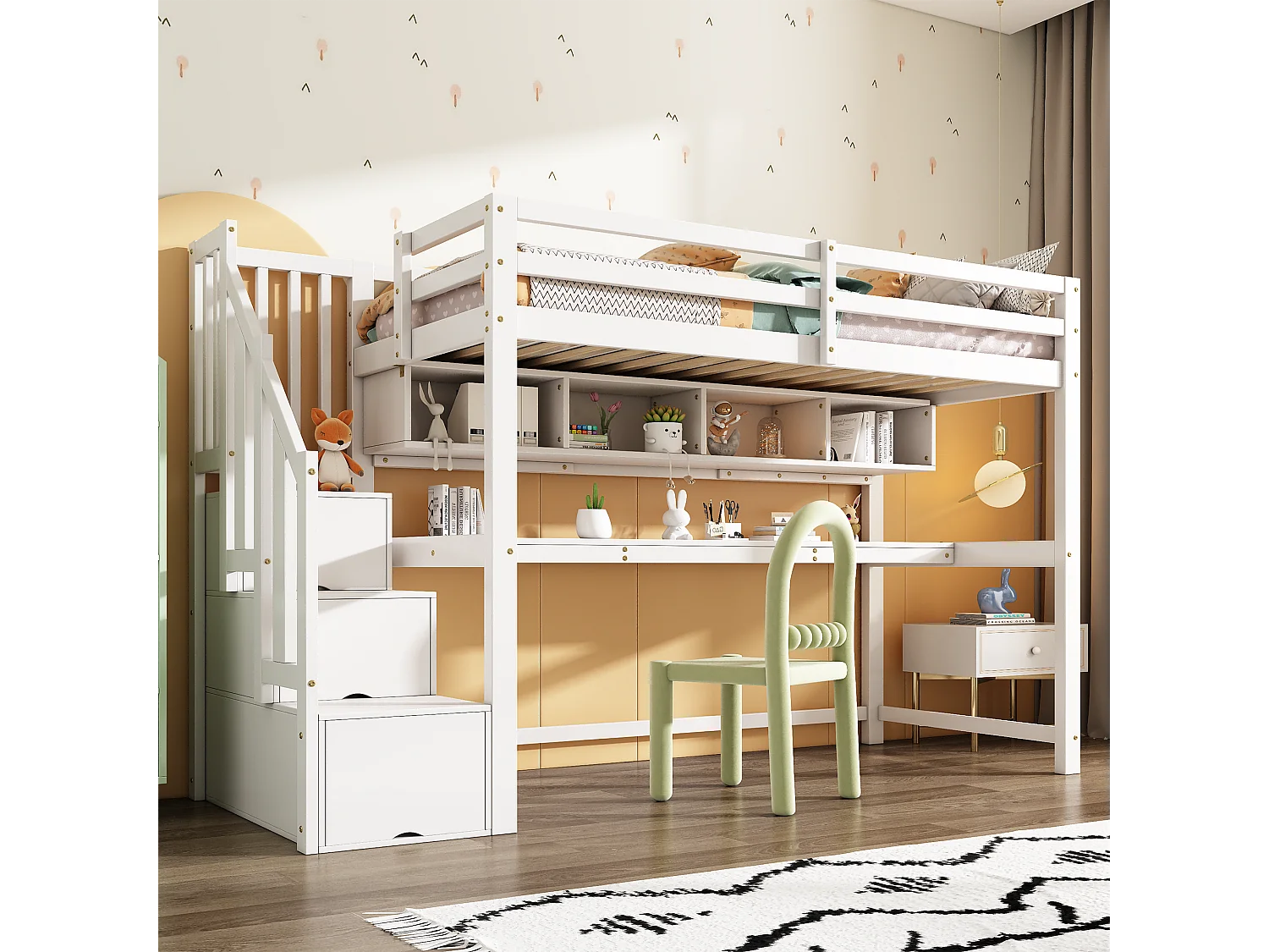 Łóżko piętrowe dla dzieci - 90 x 200 cm - z biurkiem i półkami - 4 schowki w klatce schodowej - lite drewno + płyta MDF - kolor biały 4786616 - obrazek 1