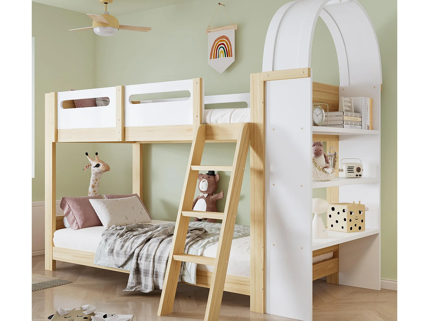 Łóżko piętrowe 90x200cm – z półkami – z barierką i drabinką – Drewno lite + MDF – Biały + Kolor naturalny (bez materaca) 4794711