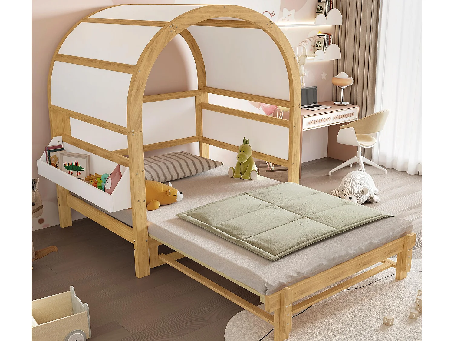 Łóżko chowane dziecięce 140x200cm - z boczną półką - Drewno lite + MDF - Biały + Kolor naturalny (bez materaca) 4794738 - obrazek 1