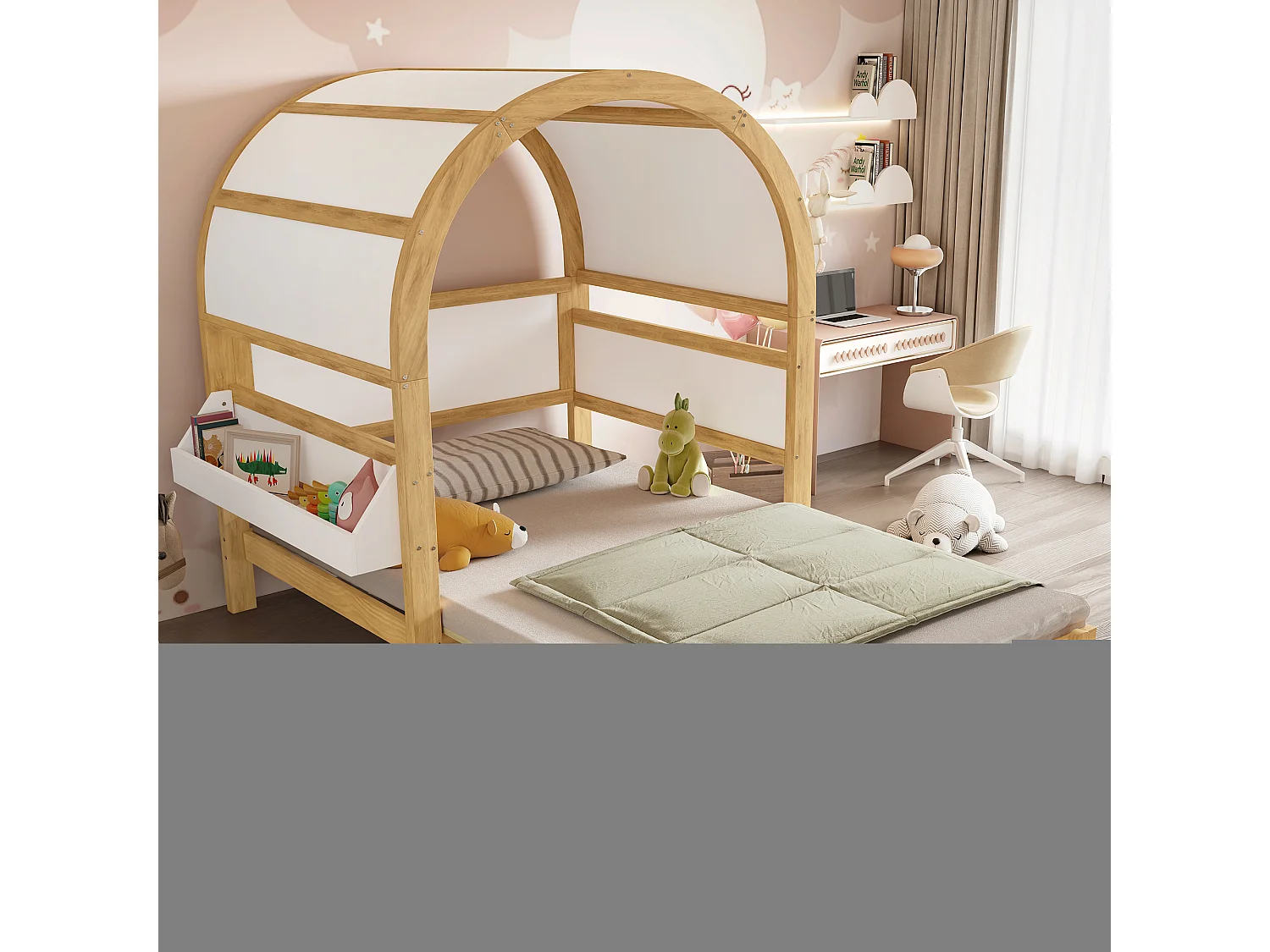 Łóżko dziecięce rozkładane z dachem łukowym - 140 x 200 cm - mała półka boczna - sosna i MDF - kolor biały i naturalny 4802572 - obrazek 1