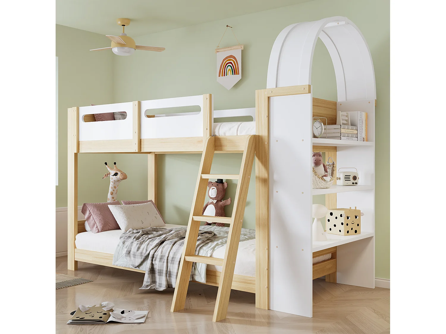 Łóżko piętrowe dla dzieci - 2 x 90 x 200 cm - z półką 3-poziomową + barierką zabezpieczającą - sosna + MDF + sklejka - białe + naturalne 4802592 - obrazek 1