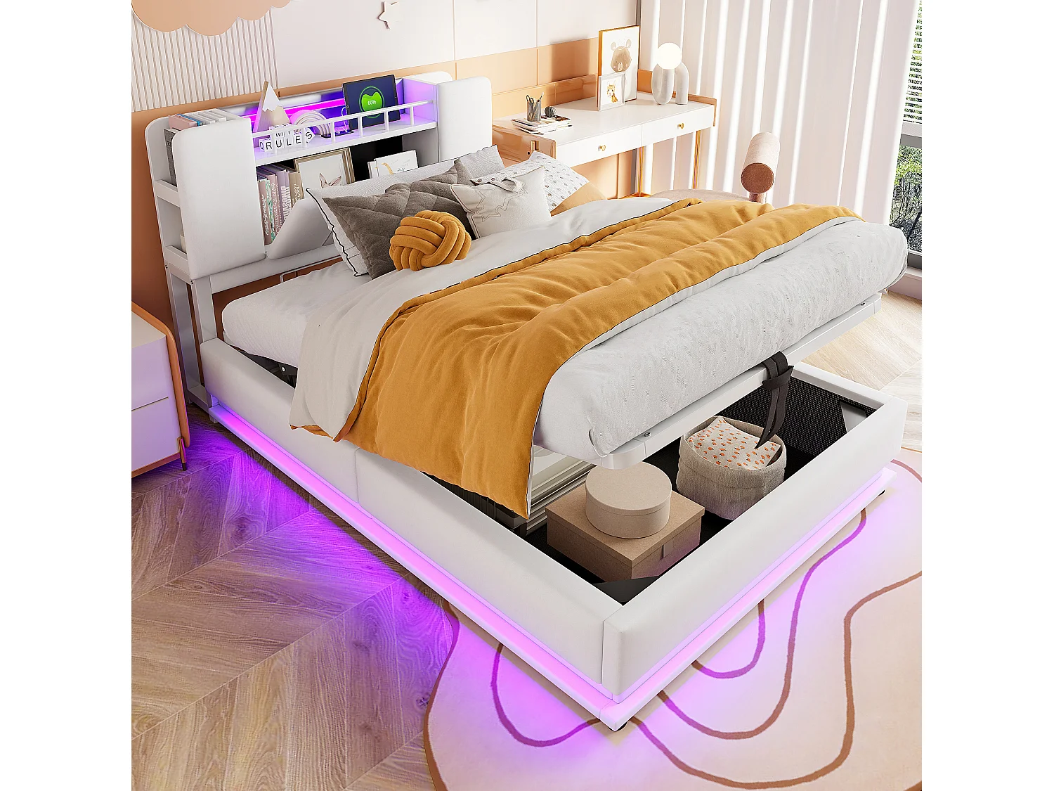 Łóżko dziecięce z pojemnikiem - 90 x 200 cm - z diodami LED + USB + zagłówek ze schowkiem - rama metalowa - MDF - beżowe 4802682 - obrazek 1