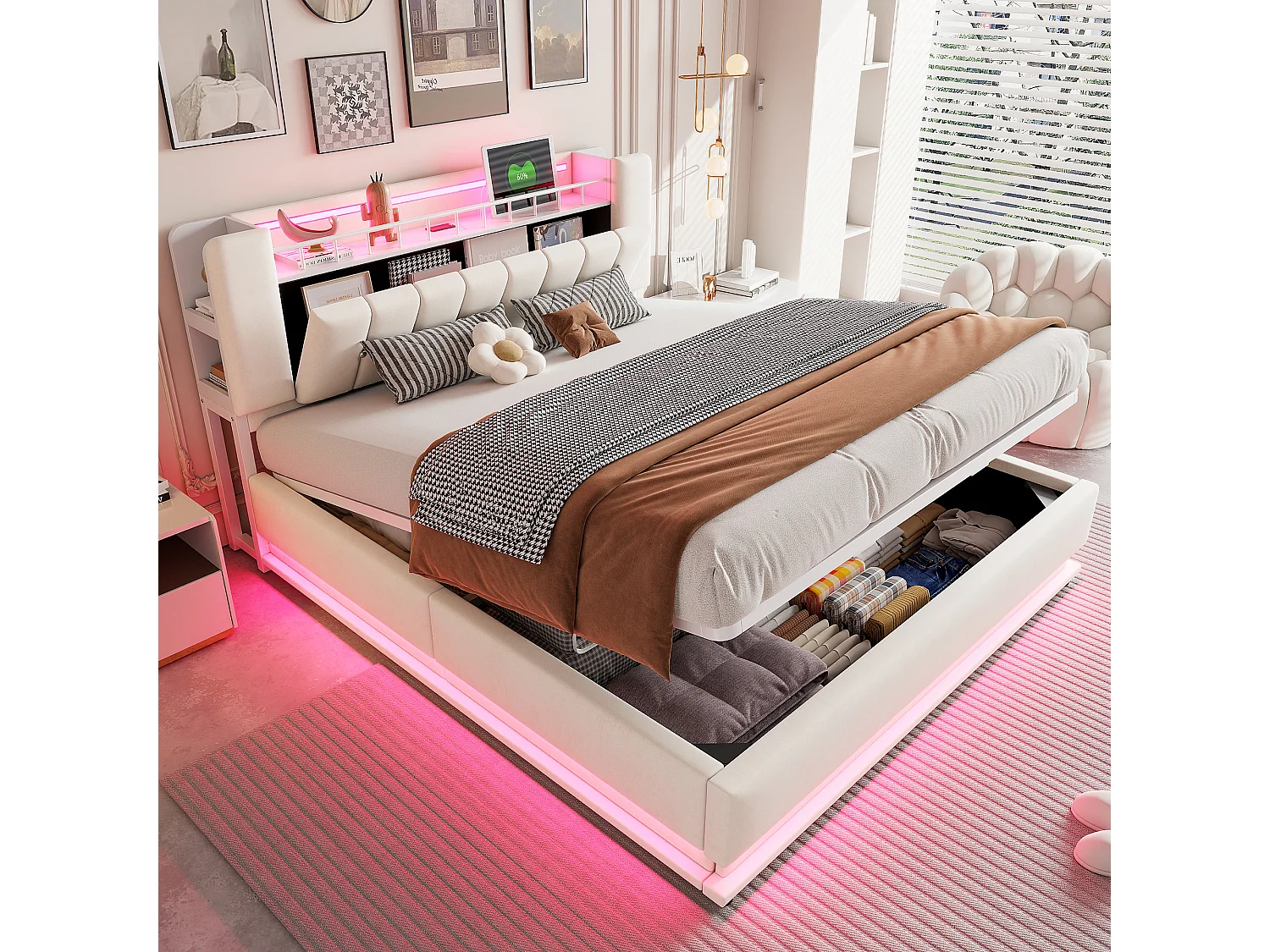 Łóżko dziecięce z pojemnikiem - 180 x 200 cm - z diodami LED + USB + zagłówek ze schowkiem - rama metalowa - MDF - beżowe 4802692 - obrazek 1