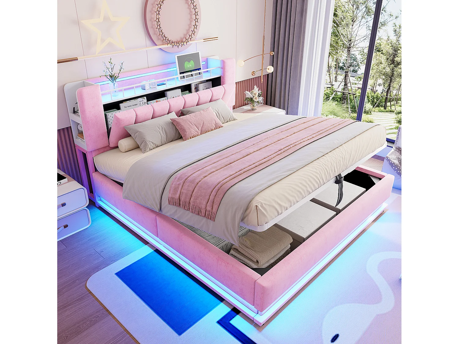 Łóżko dziecięce z pojemnikiem - 180 x 200 cm - z diodami LED + USB + zagłówek ze schowkiem - rama metalowa - MDF - różowe 4802695 - obrazek 1