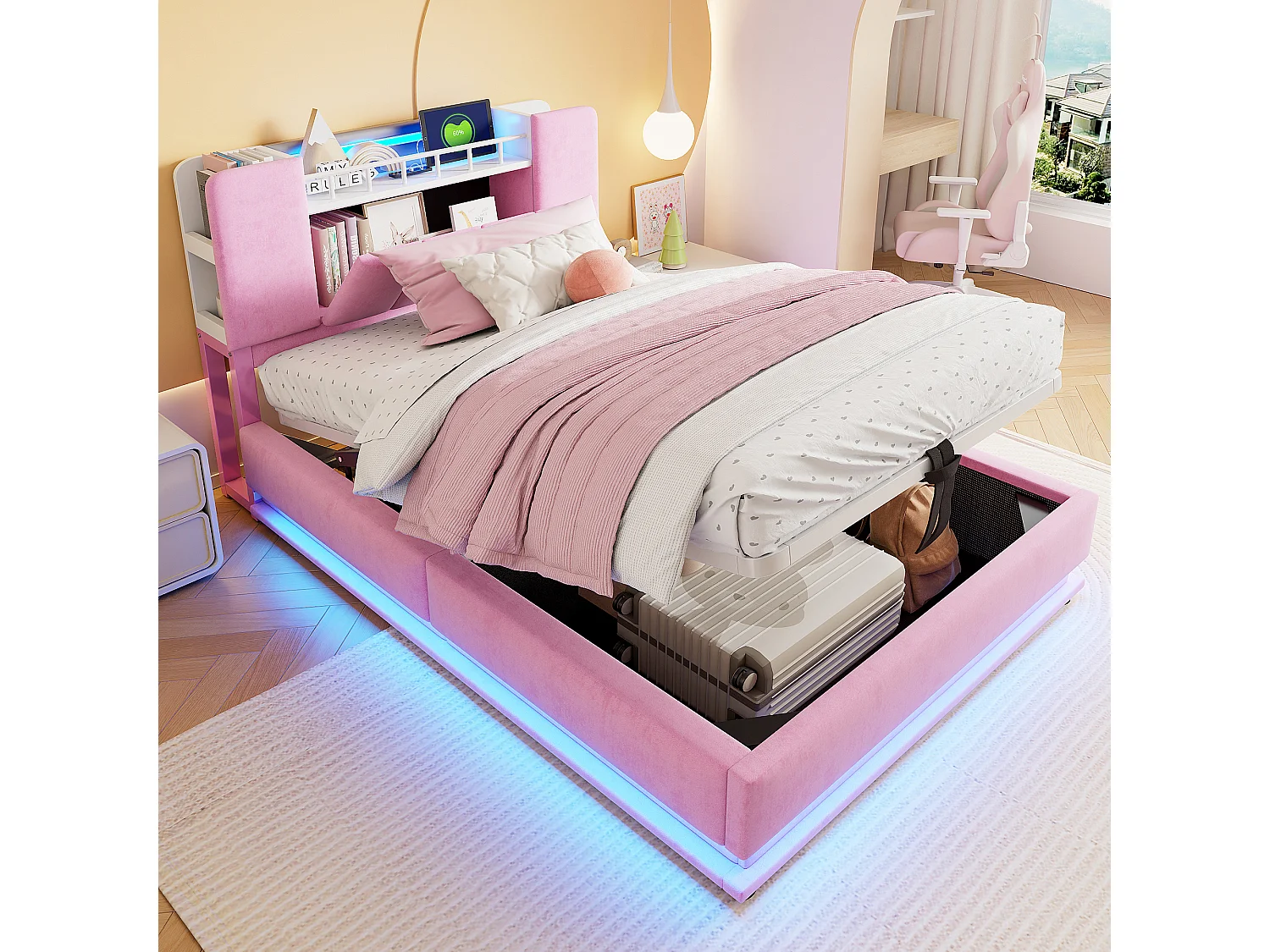 Łóżko dziecięce z pojemnikiem - 90 x 200 cm - z diodami LED + USB + zagłówek ze schowkiem - rama metalowa - MDF - różowe 4802697 - obrazek 1