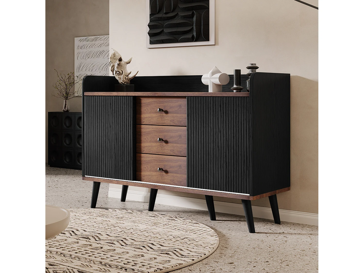 Elegancka komoda z drewna do sypialni i salonu - 117,5 x 40 x 80 cm - z 3 szufladami i 2 drzwiami - płyta wiórowa - czarna 4806143 - obrazek 1
