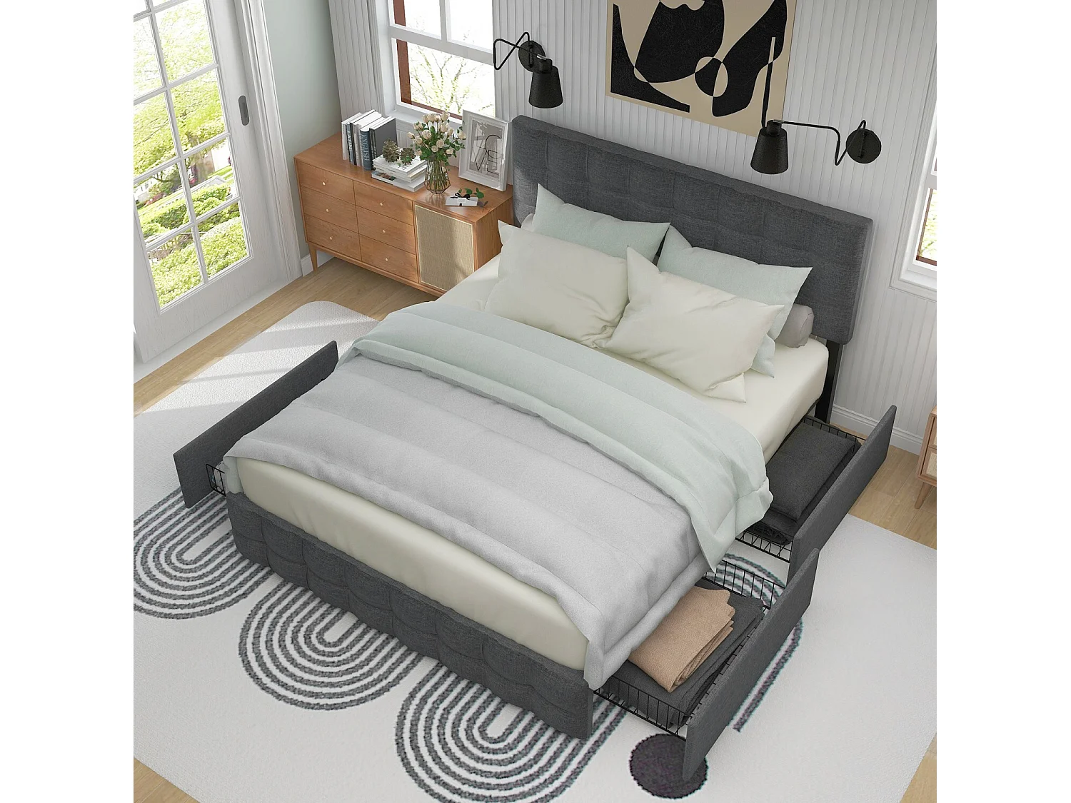 Łóżko dla dorosłych 140×200 cm z regulowanym zagłówkiem i 4 szufladami, metalowy stelaż z listew – szary len (bez materaca) 4808207