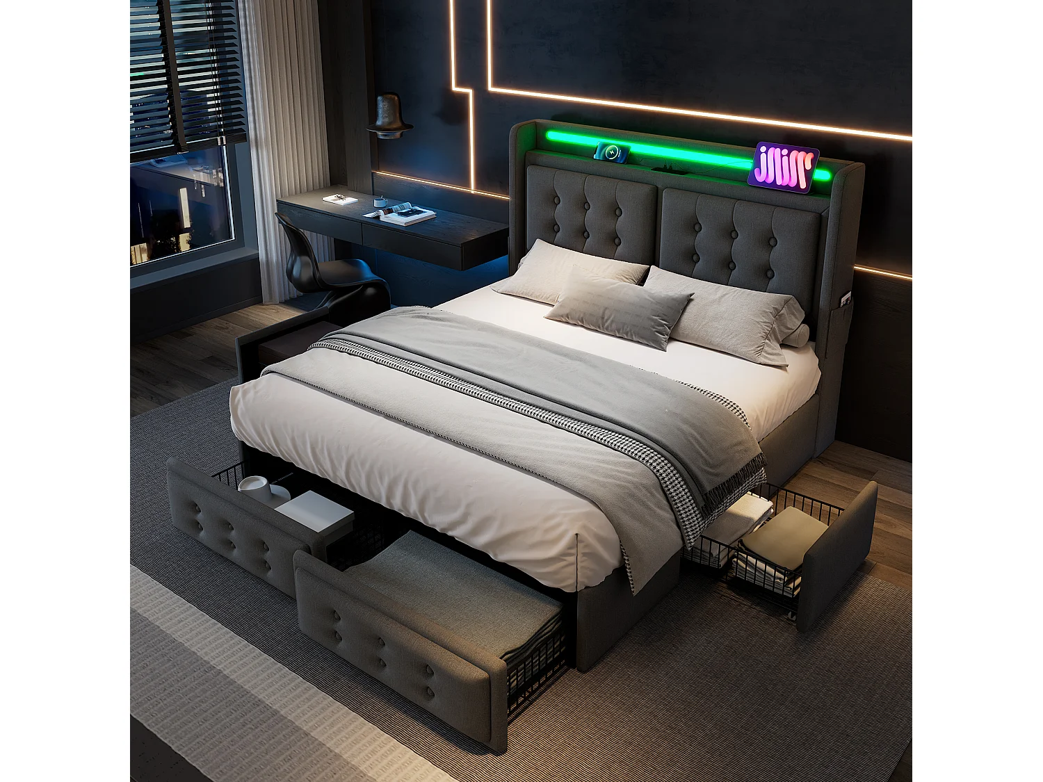 Łóżko dla dorosłych 160x200 cm Łóżko podwójne z oświetleniem LED i USB, 4 szuflady - szary bawełna (bez materaca) 4808209 - obrazek 1