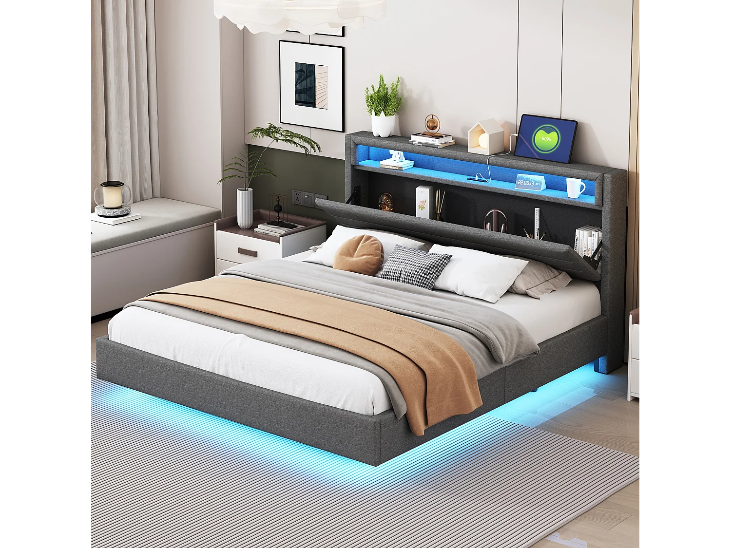 Łóżko dla dorosłych 160x200 cm, łóżko małżeńskie z USB i LED, zagłówek ze schowkiem - len szary (bez materaca) 4808223 - obrazek 1