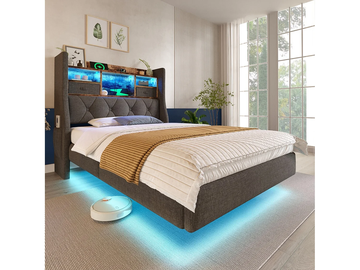 Łóżko dziecięce 90x200 cm, łóżko młodzieżowe z USB i oświetleniem LED, zagłówek ze schowkiem - Szary len (bez materaca) 4808225 - obrazek 1