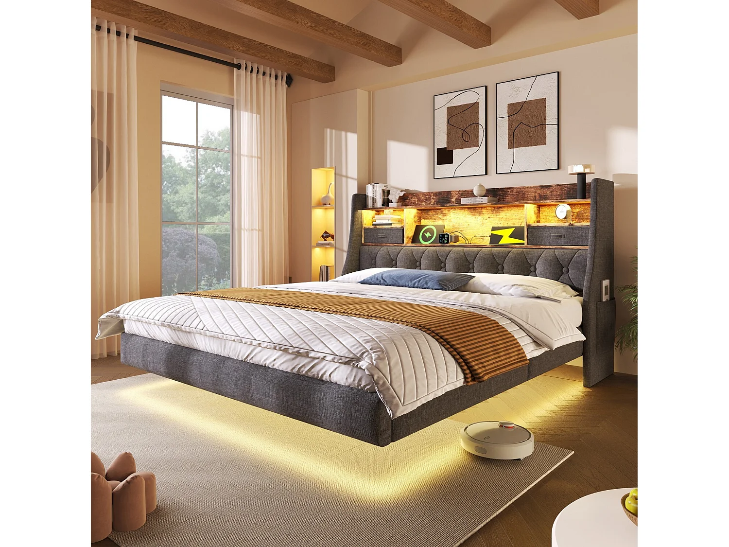 Łóżko dla dorosłych 140x200 cm, łóżko dwuosobowe z USB i oświetleniem LED, zagłówek ze schowkiem - Szary len (bez materaca) 4808228 - obrazek 1